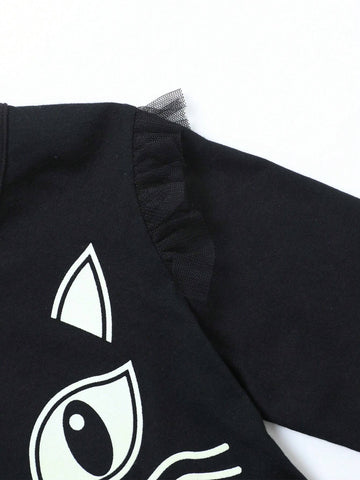 Girls Halloween Cat Print Mesh Dress With Witch Hat, Neon Glow In The Dark Fall/Winter Casual Mesh Skirt Outfit