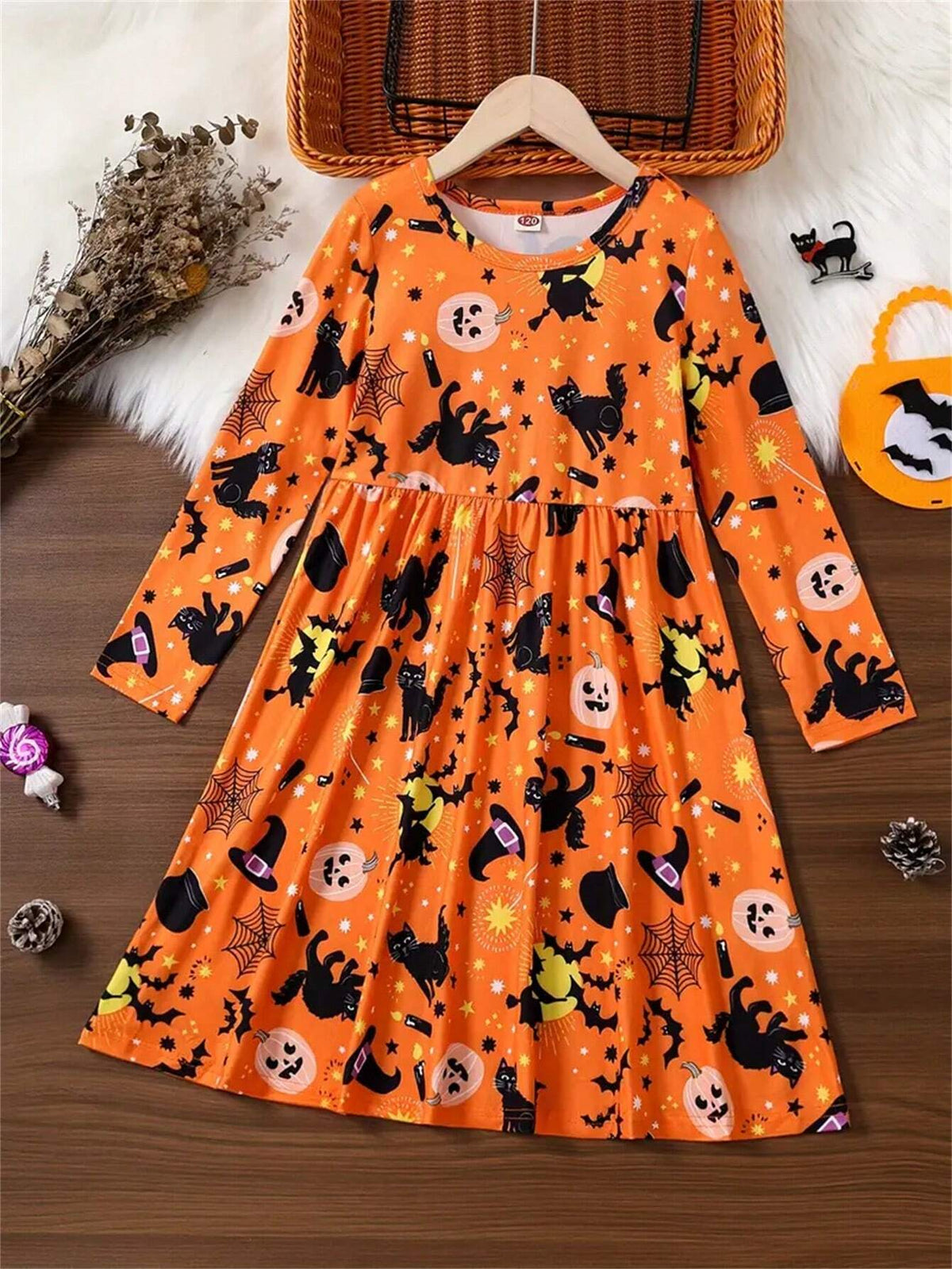 Girls Halloween Cat & Bat All-Over Print Party Holiday Gift Long Sleeve Sweet Fashion Dress, Autumn/Winter