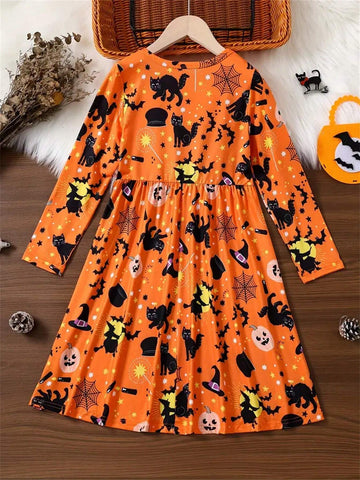 Girls Halloween Cat & Bat All-Over Print Party Holiday Gift Long Sleeve Sweet Fashion Dress, Autumn/Winter