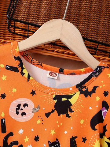 Girls Halloween Cat & Bat All-Over Print Party Holiday Gift Long Sleeve Sweet Fashion Dress, Autumn/Winter