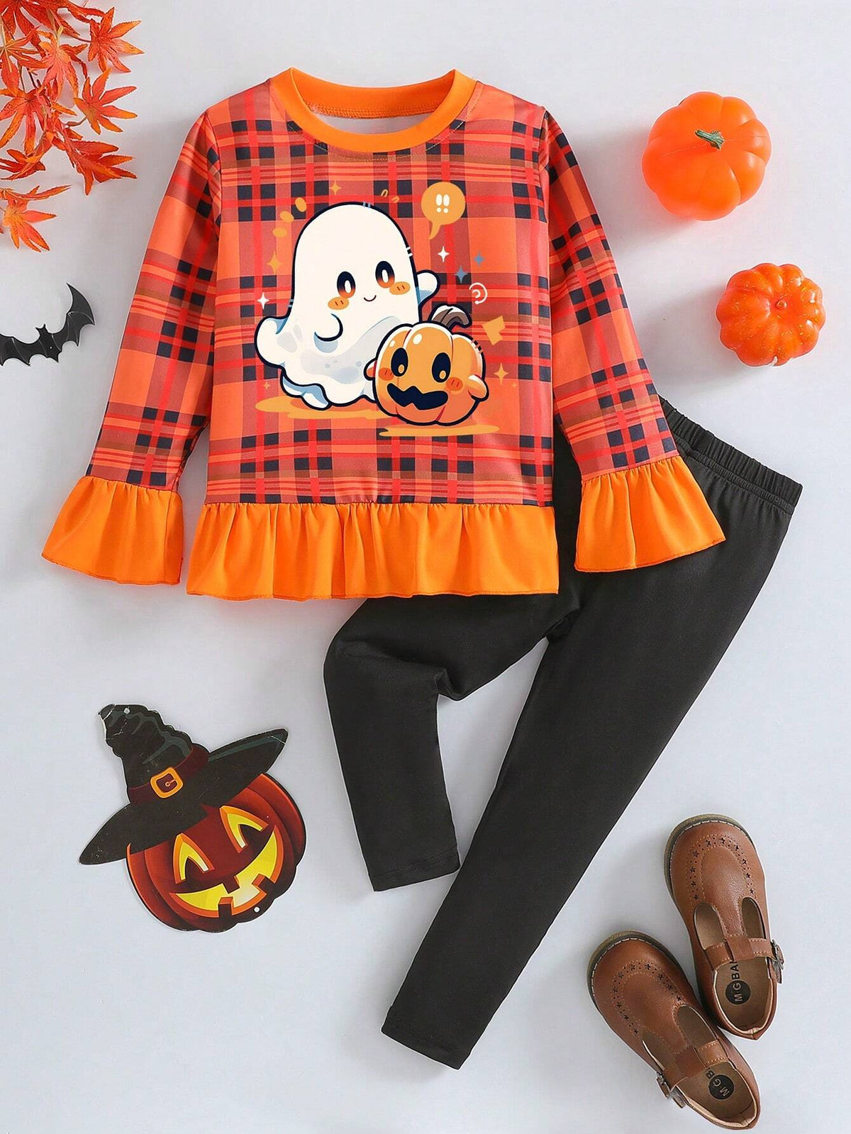 Girls Halloween Elements Flared Sleeve Shirt And Trousers Two-Piece Set Casual Comfortable