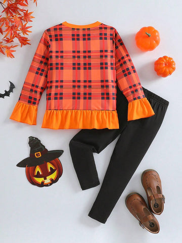 Girls Halloween Elements Flared Sleeve Shirt And Trousers Two-Piece Set Casual Comfortable