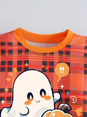 Girls Halloween Elements Flared Sleeve Shirt And Trousers Two-Piece Set Casual Comfortable