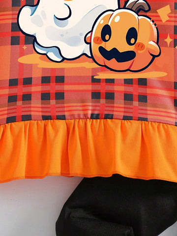 Girls Halloween Elements Flared Sleeve Shirt And Trousers Two-Piece Set Casual Comfortable