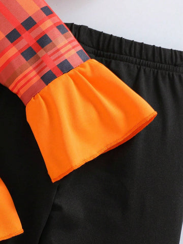 Girls Halloween Elements Flared Sleeve Shirt And Trousers Two-Piece Set Casual Comfortable