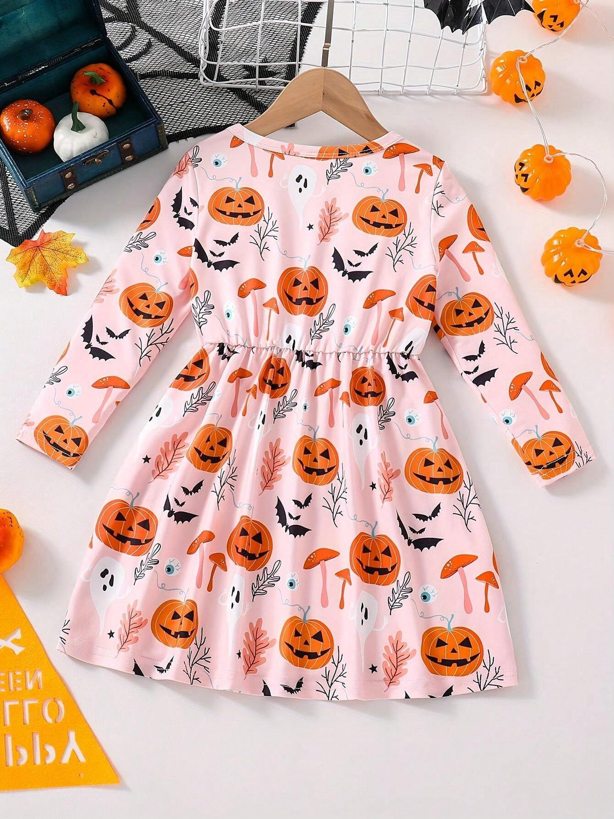 Girls Halloween Fashion Spring Autumn Dress, Young Girl Pumpkin Smiling Face Ghost IV Tube Mushroom Random Print Crew Neck Long Sleeve Waisted Casual Dress
