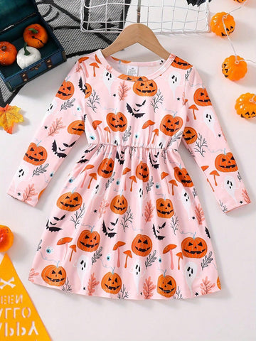 Girls Halloween Fashion Spring Autumn Dress, Young Girl Pumpkin Smiling Face Ghost IV Tube Mushroom Random Print Crew Neck Long Sleeve Waisted Casual Dress