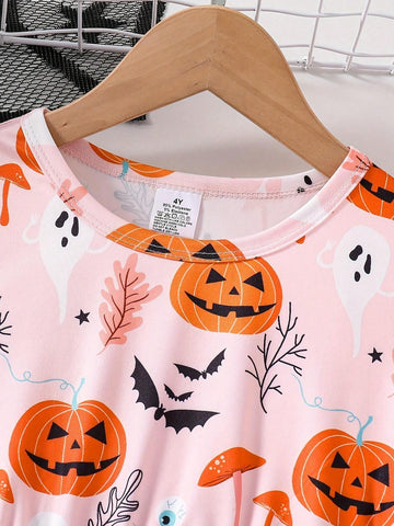 Girls Halloween Fashion Spring Autumn Dress, Young Girl Pumpkin Smiling Face Ghost IV Tube Mushroom Random Print Crew Neck Long Sleeve Waisted Casual Dress