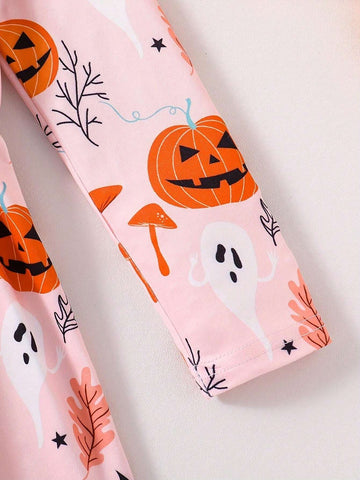 Girls Halloween Fashion Spring Autumn Dress, Young Girl Pumpkin Smiling Face Ghost IV Tube Mushroom Random Print Crew Neck Long Sleeve Waisted Casual Dress