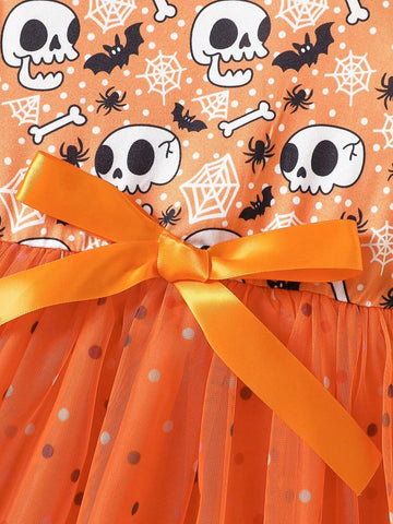 Girls Halloween Mesh Patchwork Cartoon Print Long Sleeve Dress