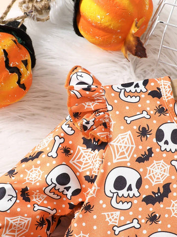 Girls Halloween Mesh Patchwork Cartoon Print Long Sleeve Dress