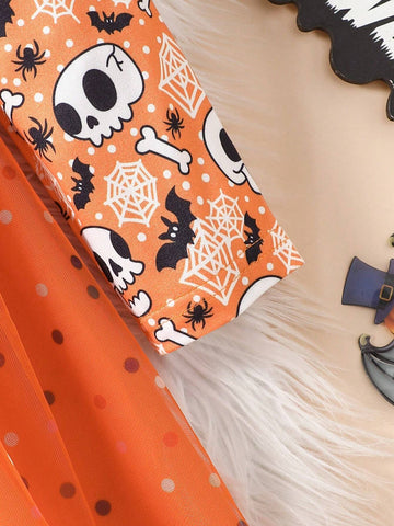 Girls Halloween Mesh Patchwork Cartoon Print Long Sleeve Dress