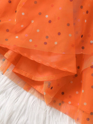 Girls Halloween Mesh Patchwork Cartoon Print Long Sleeve Dress