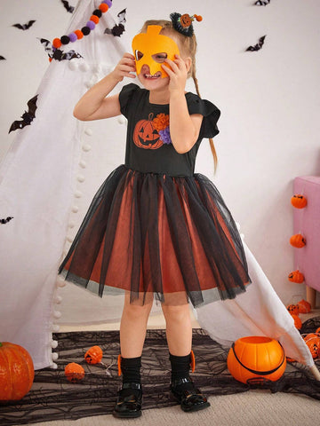 Girls' Halloween Party Cute Pumpkin Pattern Purple & Orange 3D Flower Black Sleeveless Vest + Orange Mesh Sleeveless Dress, Suitable For Summer, Autumn, Winter, Party, Banquet, Trick Or Treat