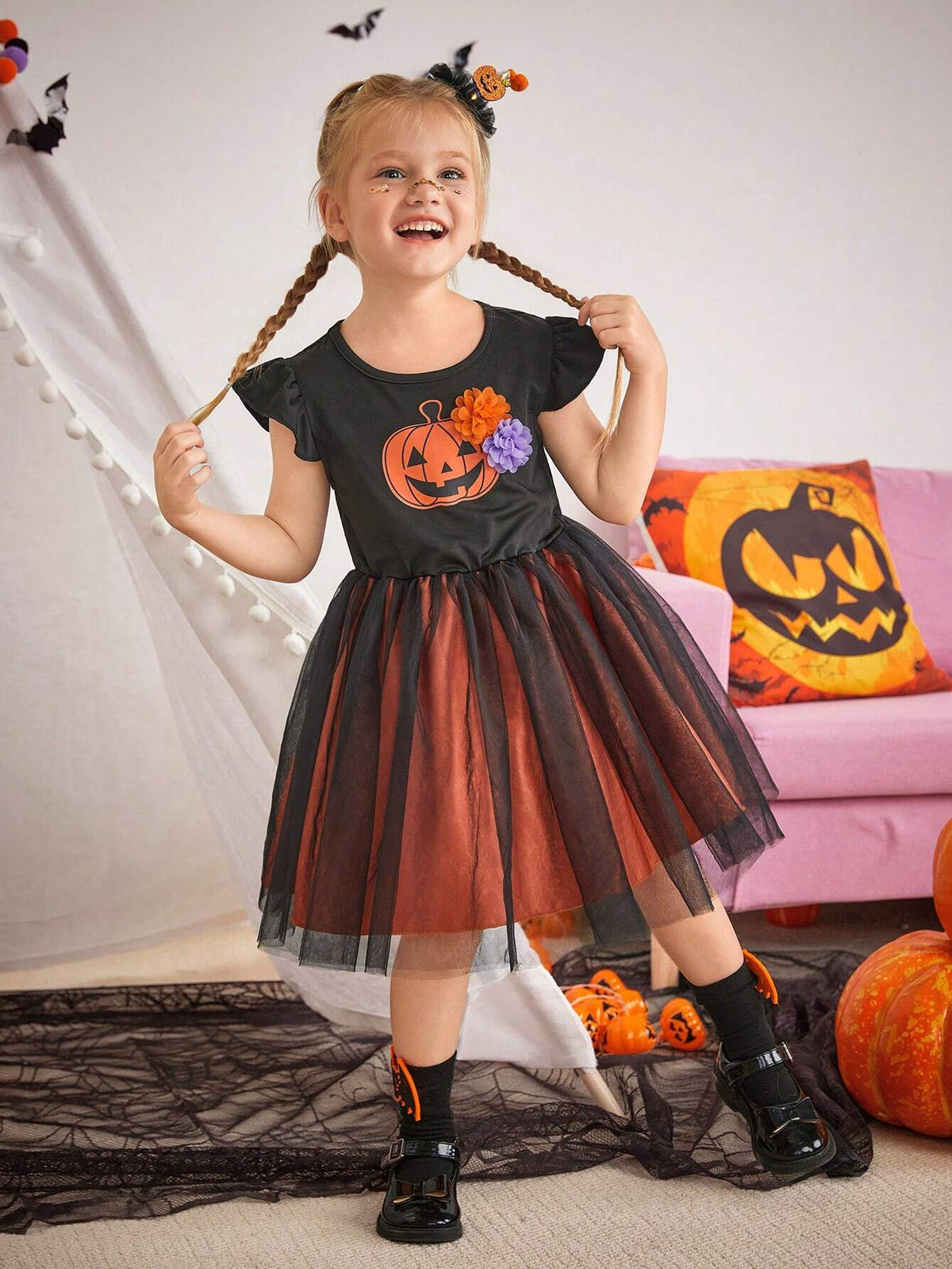Girls' Halloween Party Cute Pumpkin Pattern Purple & Orange 3D Flower Black Sleeveless Vest + Orange Mesh Sleeveless Dress, Suitable For Summer, Autumn, Winter, Party, Banquet, Trick Or Treat