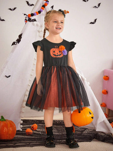 Girls' Halloween Party Cute Pumpkin Pattern Purple & Orange 3D Flower Black Sleeveless Vest + Orange Mesh Sleeveless Dress, Suitable For Summer, Autumn, Winter, Party, Banquet, Trick Or Treat