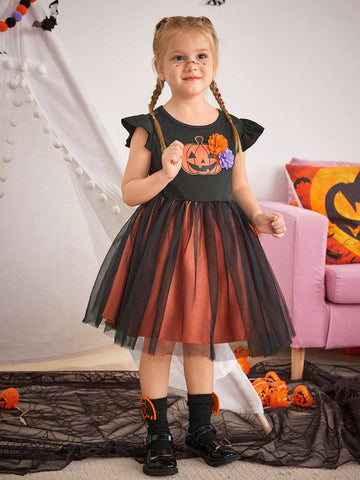 Girls' Halloween Party Cute Pumpkin Pattern Purple & Orange 3D Flower Black Sleeveless Vest + Orange Mesh Sleeveless Dress, Suitable For Summer, Autumn, Winter, Party, Banquet, Trick Or Treat