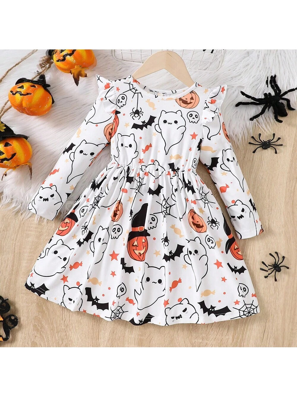Girls Halloween Pumpkin Cartoon Print Ruffled Sleeve Long Sleeve Dress, Spring/Autumn