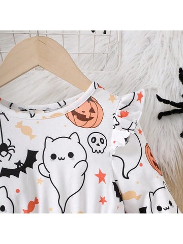 Girls Halloween Pumpkin Cartoon Print Ruffled Sleeve Long Sleeve Dress, Spring/Autumn