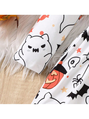 Girls Halloween Pumpkin Cartoon Print Ruffled Sleeve Long Sleeve Dress, Spring/Autumn
