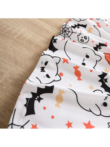 Girls Halloween Pumpkin Cartoon Print Ruffled Sleeve Long Sleeve Dress, Spring/Autumn