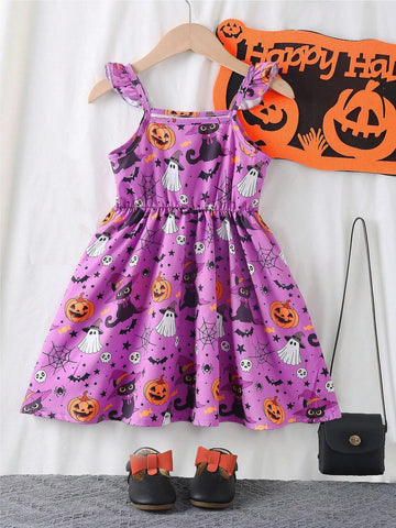 Girls' Halloween Pumpkin Element Alternative Party Dress With Flutter Sleeves, Spaghetti Straps, And Cinched Waist