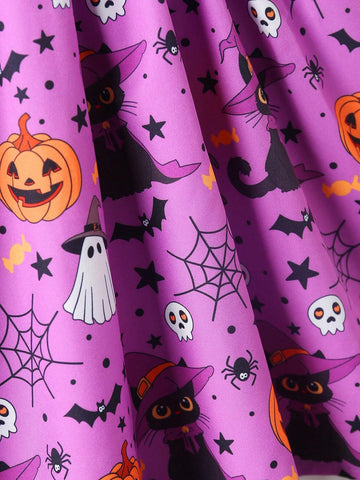 Girls' Halloween Pumpkin Element Alternative Party Dress With Flutter Sleeves, Spaghetti Straps, And Cinched Waist