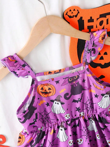 Girls' Halloween Pumpkin Element Alternative Party Dress With Flutter Sleeves, Spaghetti Straps, And Cinched Waist
