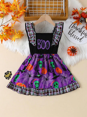 Girls' Halloween Ruffled Strap Allover Print Pumpkin & Witch Hat Dress