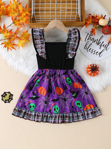 Girls' Halloween Ruffled Strap Allover Print Pumpkin & Witch Hat Dress