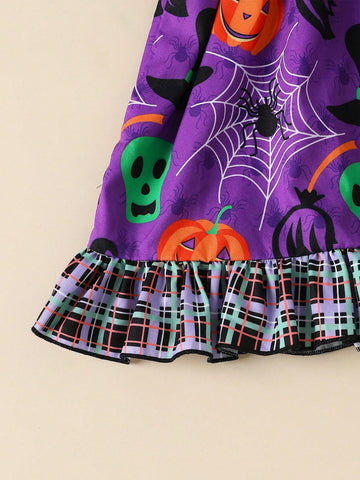 Girls' Halloween Ruffled Strap Allover Print Pumpkin & Witch Hat Dress
