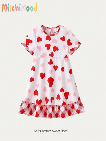 Girls Heart Diamond Plaid Print White Base Color Long Sleeve Dress