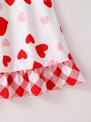 Girls Heart Diamond Plaid Print White Base Color Long Sleeve Dress