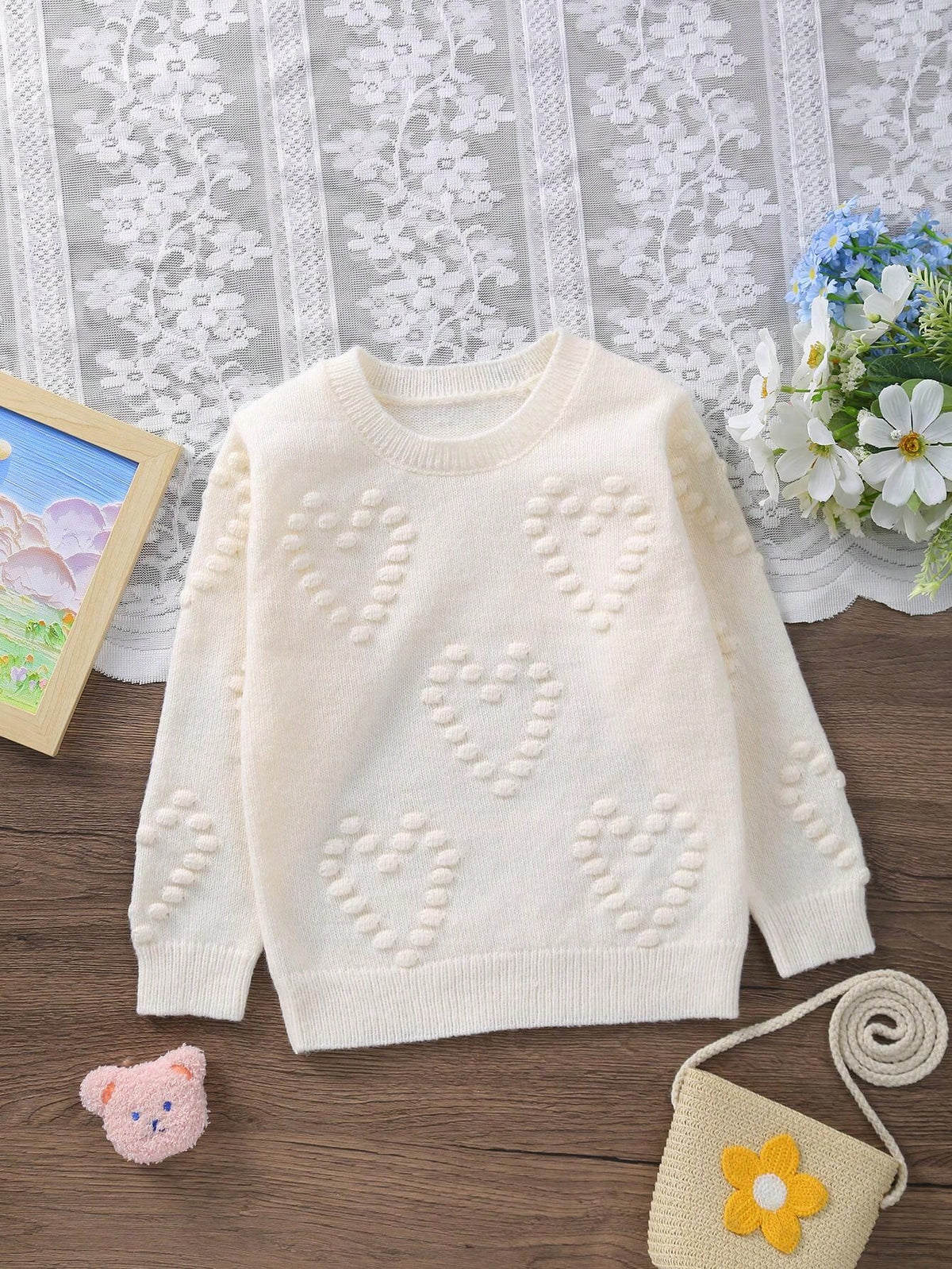 Girls Heart Embroidery Knitted Sweater