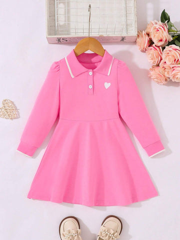 Girls Heart Print Casual Long Sleeve Dress