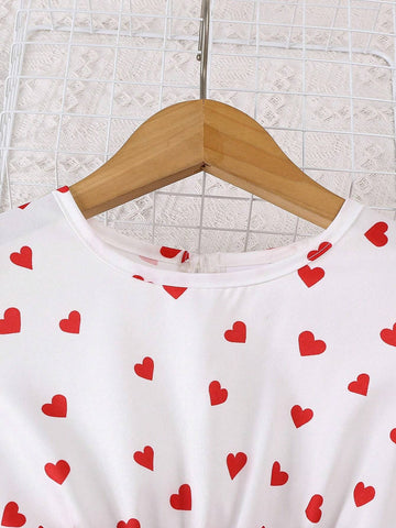 Girls Heart Print Round Neck Princess Dress, Fashion Stylish Casual Dress, Spring Autumn'