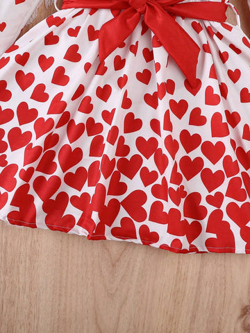 Girls Heart Print Round Neck Princess Dress, Fashion Stylish Casual Dress, Spring Autumn'