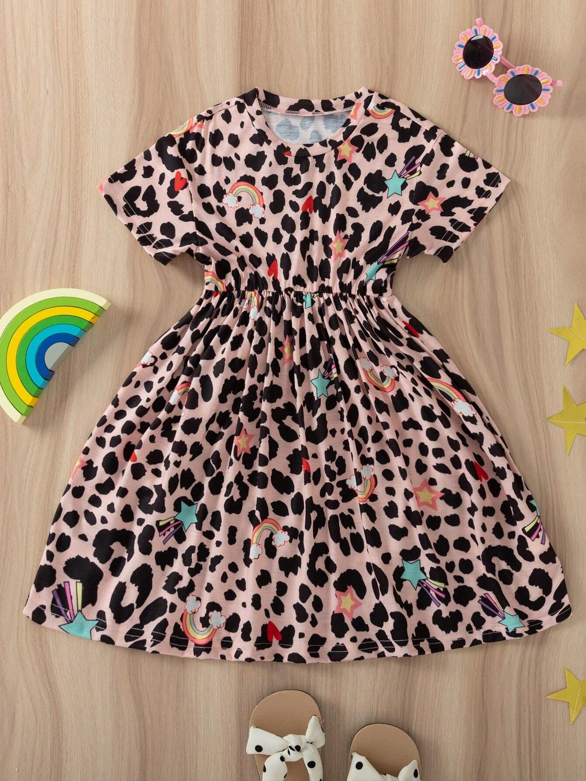 Girls' Heart Rainbow Leopard Print Casual Dress, Perfect For Summer Vacation