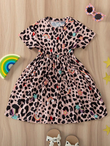 Girls' Heart Rainbow Leopard Print Casual Dress, Perfect For Summer Vacation