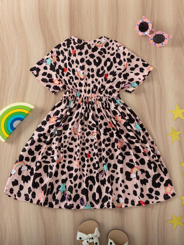 Girls' Heart Rainbow Leopard Print Casual Dress, Perfect For Summer Vacation