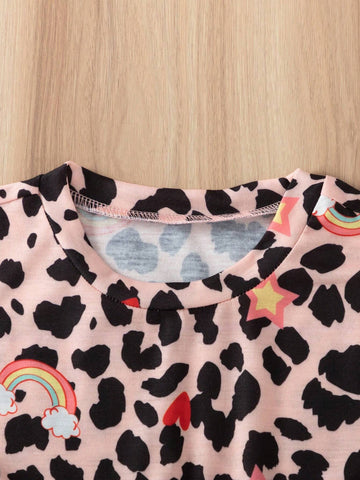 Girls' Heart Rainbow Leopard Print Casual Dress, Perfect For Summer Vacation