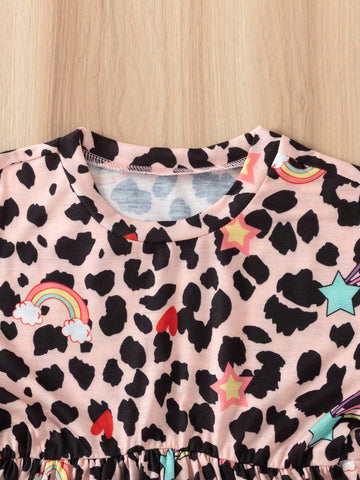Girls' Heart Rainbow Leopard Print Casual Dress, Perfect For Summer Vacation