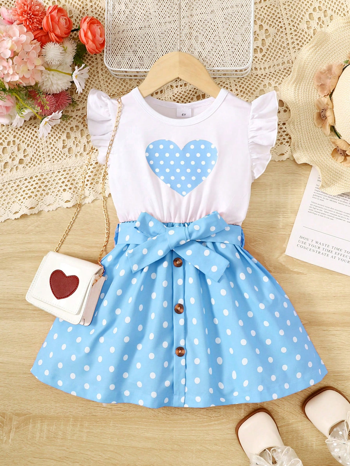 Girls' Heart & Dot Print Splice Sleeveless Round Neck Summer Dress