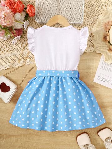 Girls' Heart & Dot Print Splice Sleeveless Round Neck Summer Dress