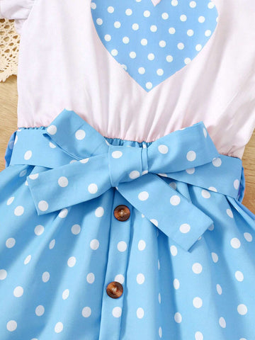 Girls' Heart & Dot Print Splice Sleeveless Round Neck Summer Dress