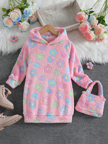 Girls' Heart & Floral Print Long Sleeve Hooded Fuzzy Dress With Handbag