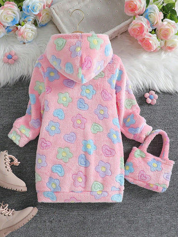 Girls' Heart & Floral Print Long Sleeve Hooded Fuzzy Dress With Handbag
