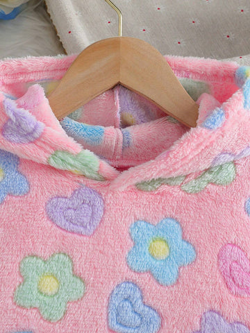 Girls' Heart & Floral Print Long Sleeve Hooded Fuzzy Dress With Handbag