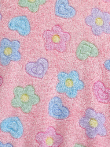 Girls' Heart & Floral Print Long Sleeve Hooded Fuzzy Dress With Handbag