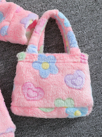 Girls' Heart & Floral Print Long Sleeve Hooded Fuzzy Dress With Handbag